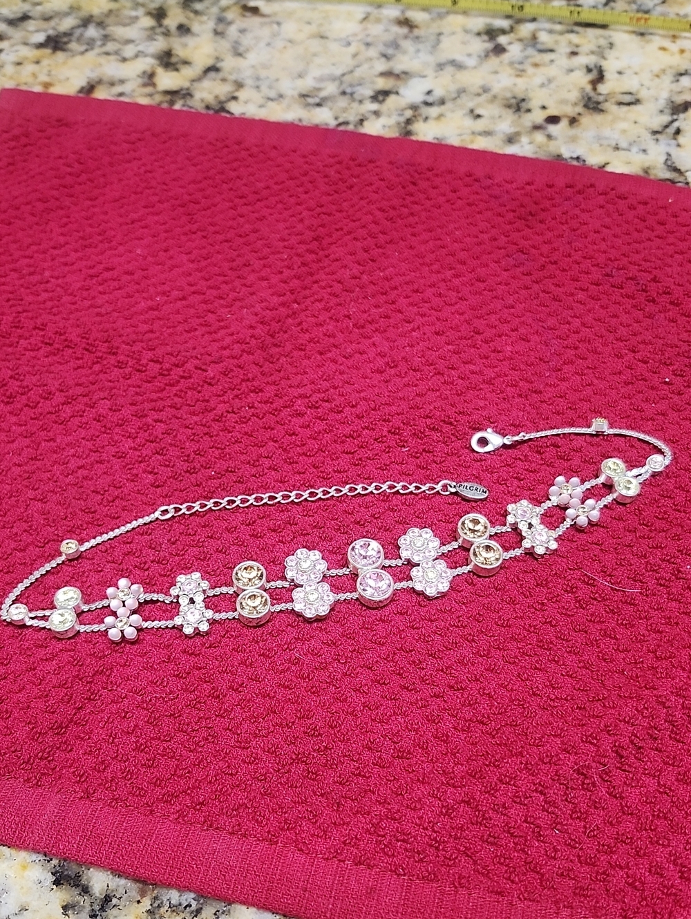 Pilgrim Delicate Silver Floral Necklace/choker - Pink Yellow, Clear Rhinestones